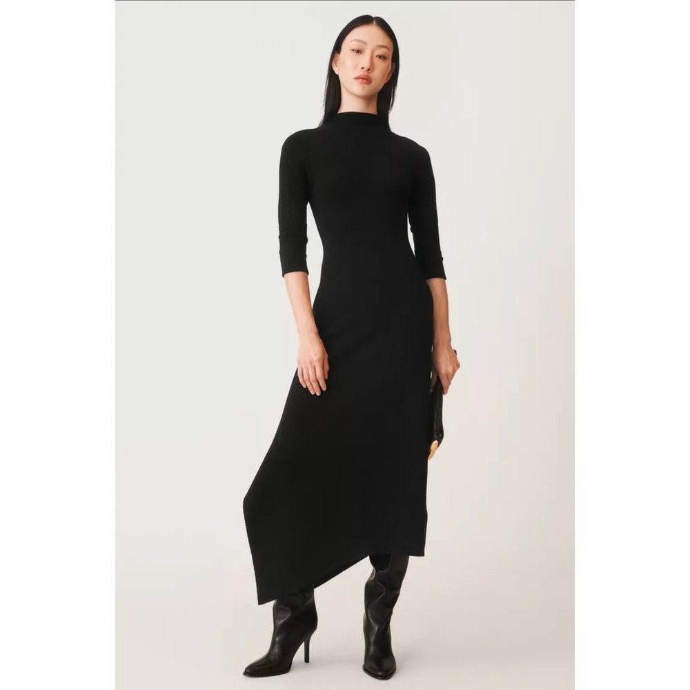 Zara Black Asymmetrical Knit Mock Neck Midi Dress Size S Ribbed Long Sleeve